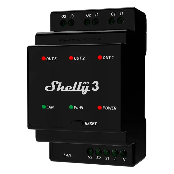 Shelly Relais "Pro 3" WLAN LAN 3x 16A 3 Kanäle 3 Phasen Max. 48A BT DIN-Rail