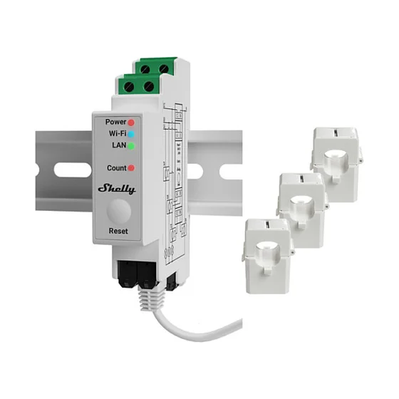 Shelly Relais "Pro 3EM 120A" WLAN LAN Stromzähler Inkl. 3x 120A Klemmen Messfunktion BT DIN-Rail