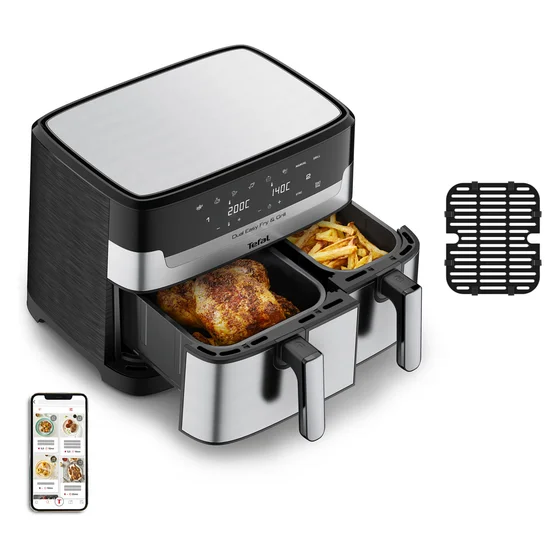 TEFAL Dual Easy Fry & Grill EY905D, Heißluftfritteuse, 8,3 l, Doppel, Edelstahl, Berührung, Eigenständig