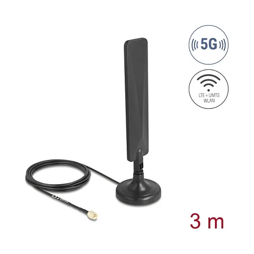 Delock 5G LTE Antenne SMA Stecker 3 dBi omnidirektional mit Anschlusskabel RG-174 3 m mit Kippgelenk mit magnetischem Standfuß schwarz