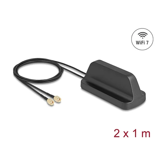 Delock WiFi 7 Antenne 2 x RP-SMA Stecker 2,4 - 4,0 dBi omnidirektional mit magnetischem Standfuß und Anschlusskabel ULA100 1 m outdoor schwarz