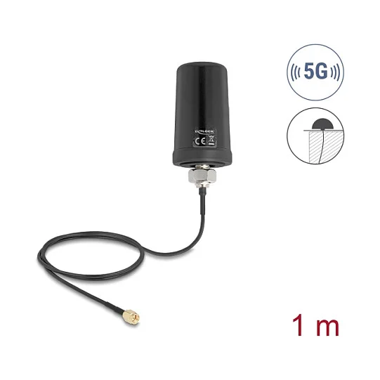 Delock 5G LTE GNSS WiFi 6 Antenne SMA Stecker 1,1 - 4,0 dBi omnidirektional mit Anschlusskabel ULA100 1 m Dachmontage outdoor schwarz