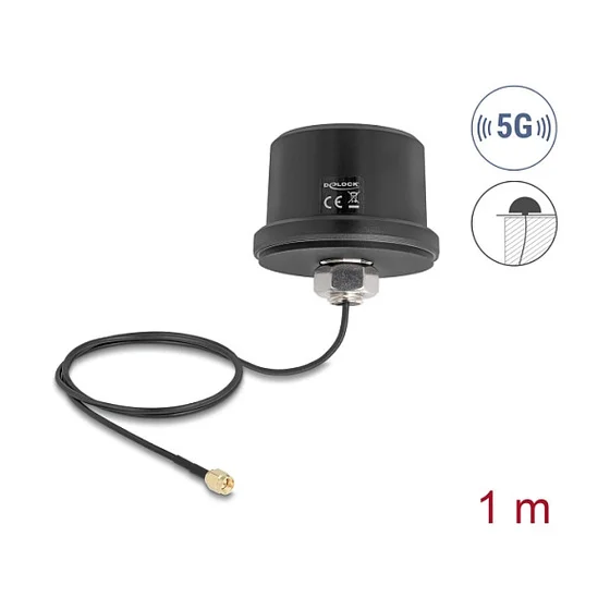 Delock 5G LTE GNSS WiFi 6 Antenne SMA Stecker 1,9 - 3,3 dBi omnidirektional mit Anschlusskabel ULA100 1 m Dachmontage outdoor schwarz