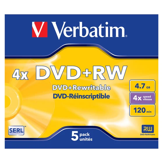 1x5 Verbatim DVD+RW 4,7GB 4x Speed, matt silver Jewel Case