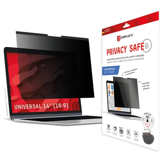 DISPLEX Privacy Safe Blickschutzfilter Universal 14", 16:9, Anti-Reflex, Bluelight-Filter, Magnetische Befestigung